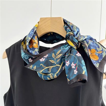 Blue Double-Sided Floral Mulberry Silk Scarf | Soft &amp; Romantic Long Ribbon