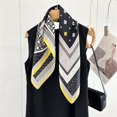 26'' Puzzle Yellow Border Mulberry Silk Scarf – Modern Geometric Square Silk Shawl for Women, Elegant and Unique Accessory