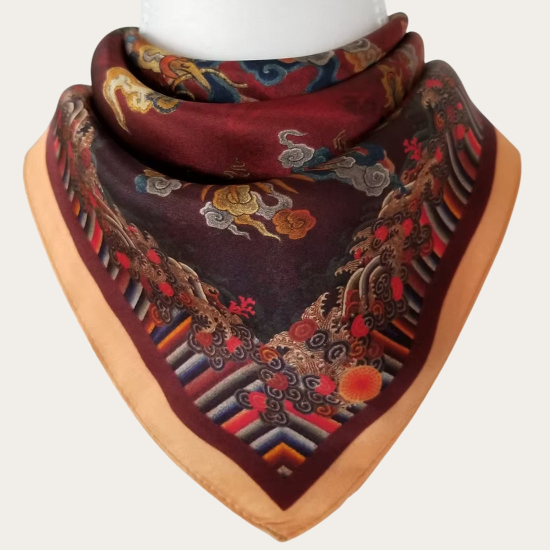 53cm Mulberry Silk Scarf – Dragon &amp; Phoenix Oriental Motif Small Square Silk Bandana