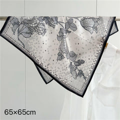 26'' Minimalist Grey Floral Mulberry Silk Scarf – Elegant & Subtle Square Silk Shawl for Women, Modern Floral Design