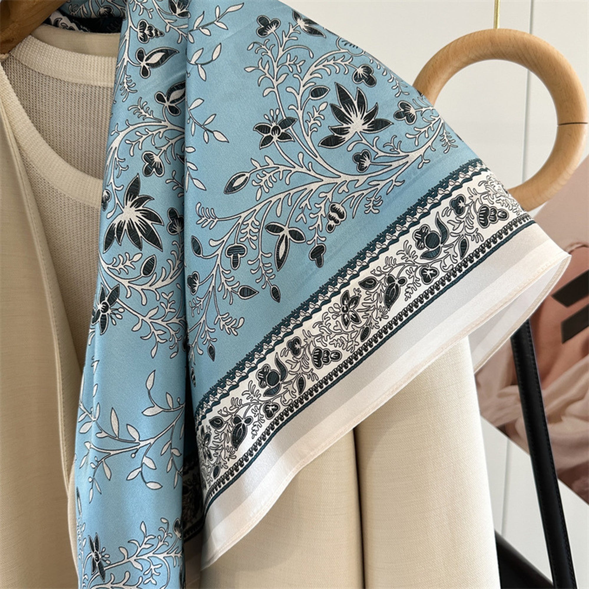 Classic Botanical Medallion Silk Scarf 90cm – Hand-Rolled Edge Square Scarf