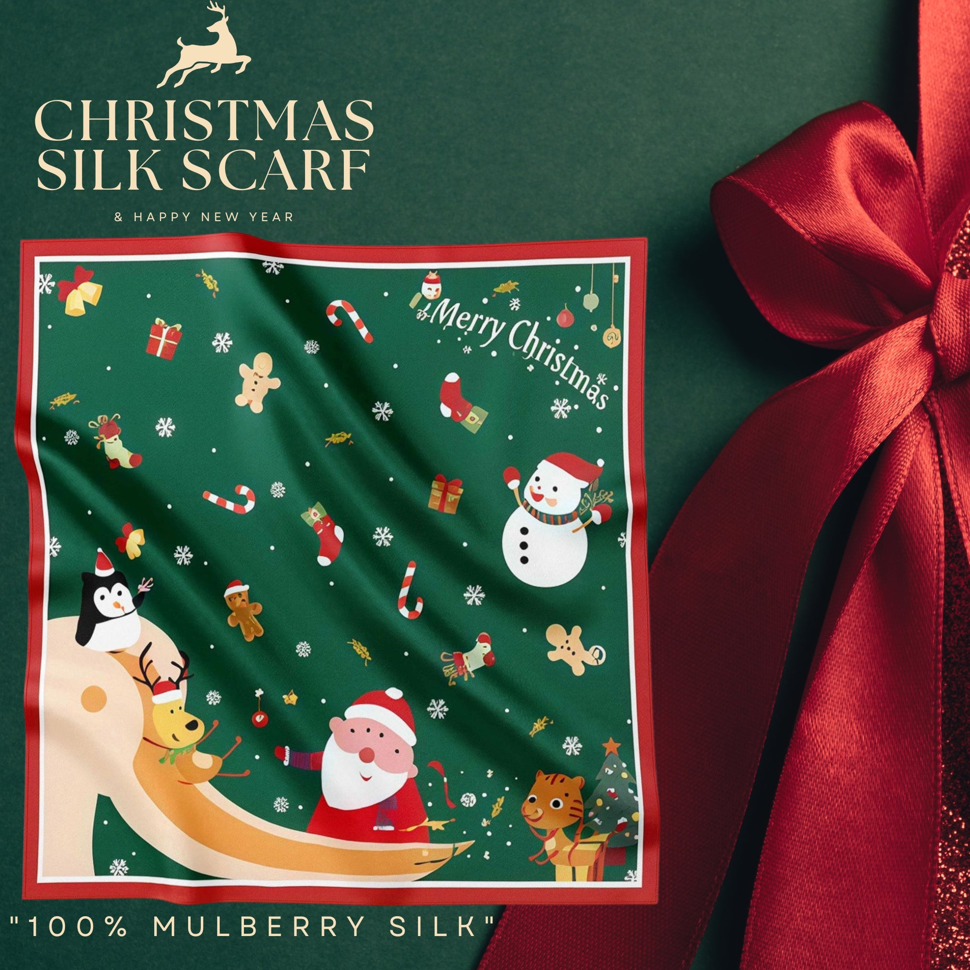 Festive 100% Silk Scarf 53cm – Playful Holiday Prints for All Ages
