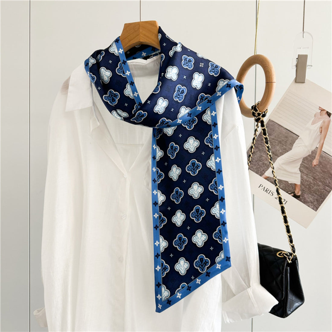 Blue Four-Leaf Clover Mulberry Silk Scarf | Lucky Charm Double-Sided Long Ribbon