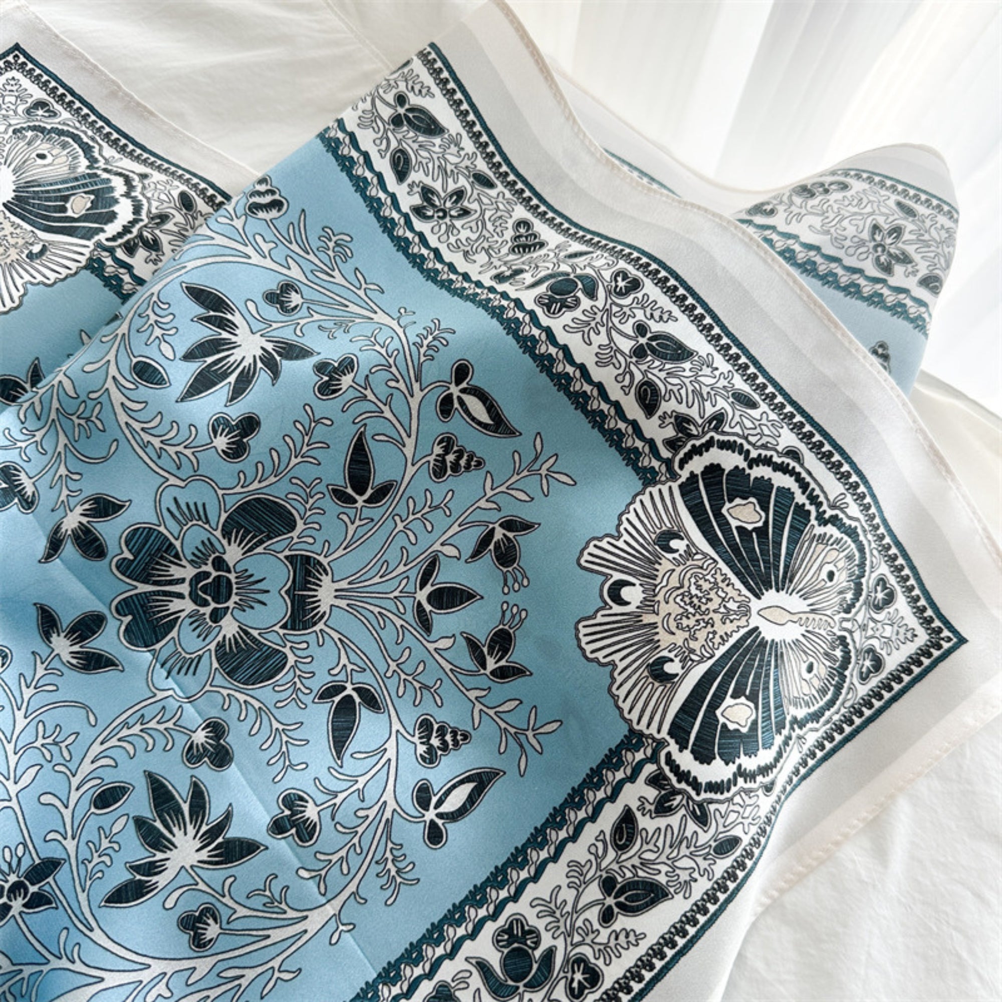 Classic Botanical Medallion Silk Scarf 90cm – Hand-Rolled Edge Square Scarf