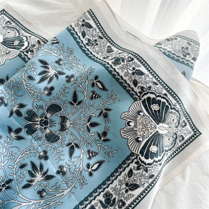 Classic Botanical Medallion Silk Scarf 90cm – Hand-Rolled Edge Square Scarf