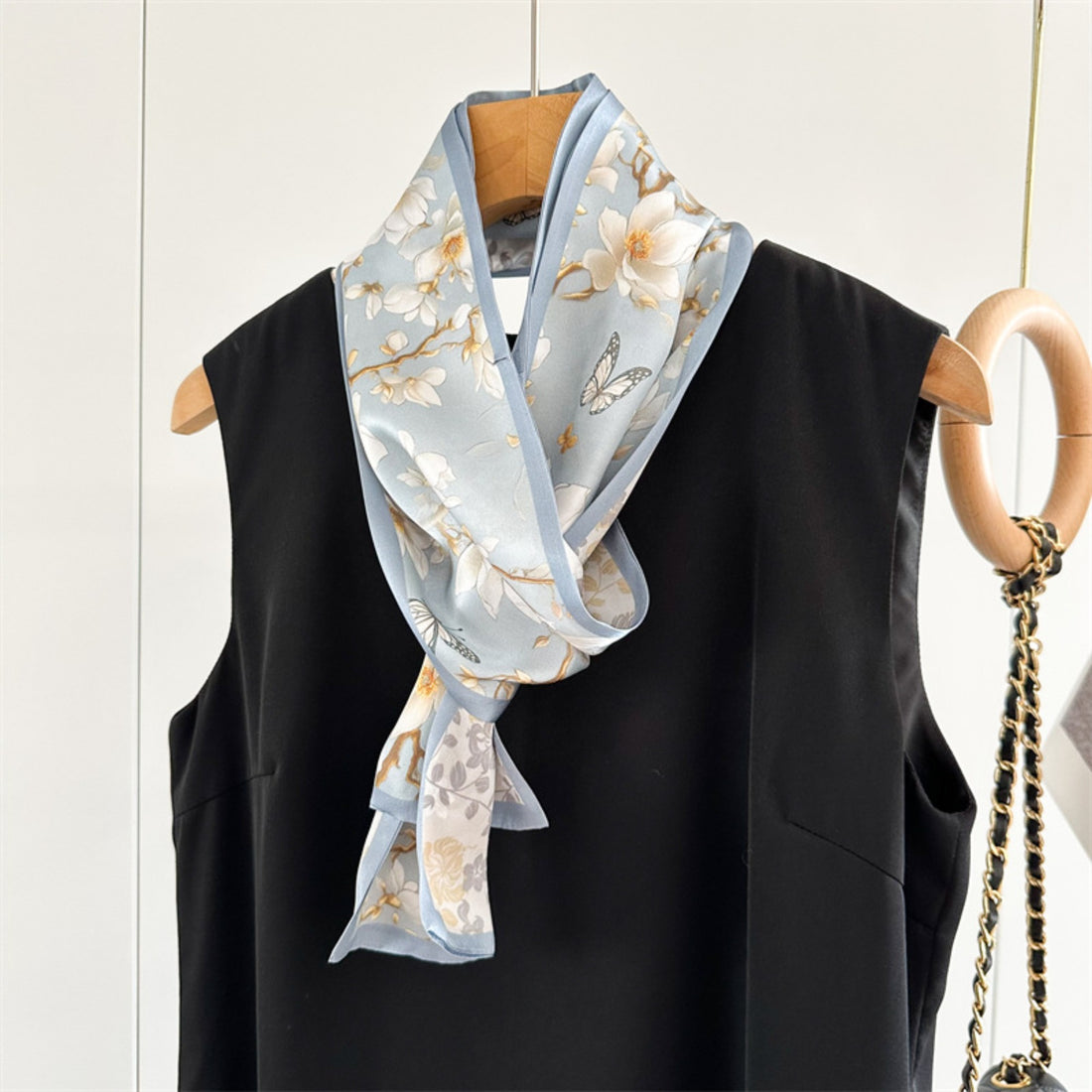 Magnolia & Butterfly Mulberry Silk Scarf | Graceful Nature-Inspired Long Ribbon