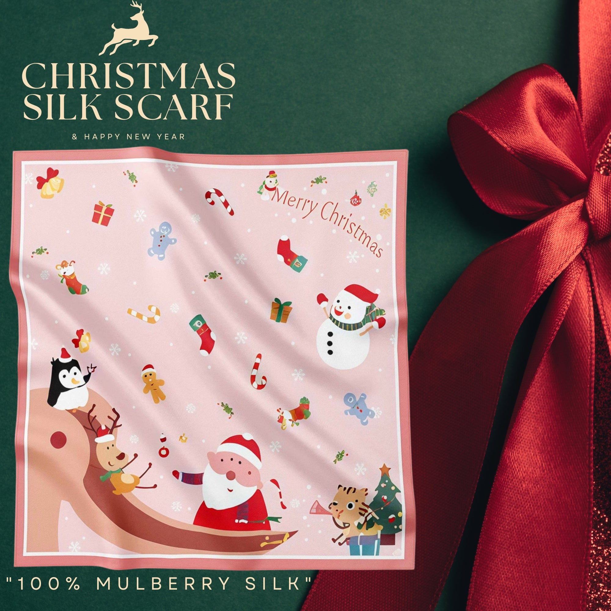 Festive 100% Silk Scarf 53cm – Playful Holiday Prints for All Ages