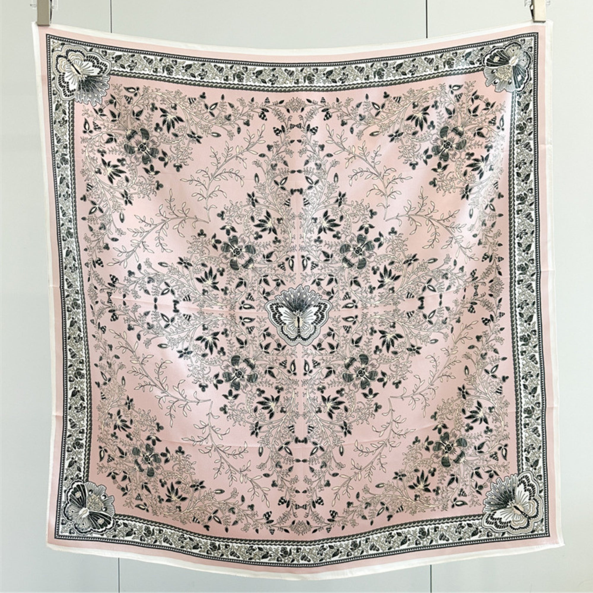 Classic Botanical Medallion Silk Scarf 90cm – Hand-Rolled Edge Square Scarf