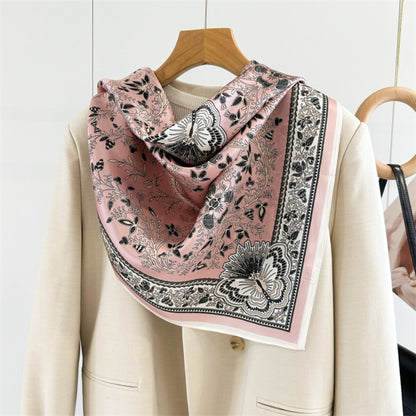 Classic Botanical Medallion Silk Scarf 90cm – Hand-Rolled Edge Square Scarf
