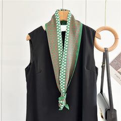 Vintage Geometric Green Mulberry Silk Scarf | Double-Sided Elegant Long Ribbon
