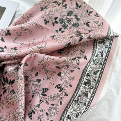 Classic Botanical Medallion Silk Scarf 90cm – Hand-Rolled Edge Square Scarf