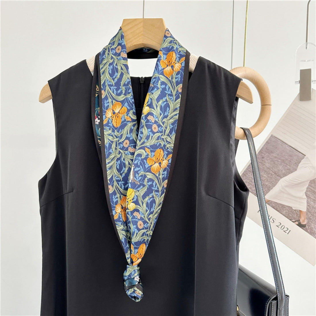 Blue Double-Sided Floral Mulberry Silk Scarf | Soft &amp; Romantic Long Ribbon