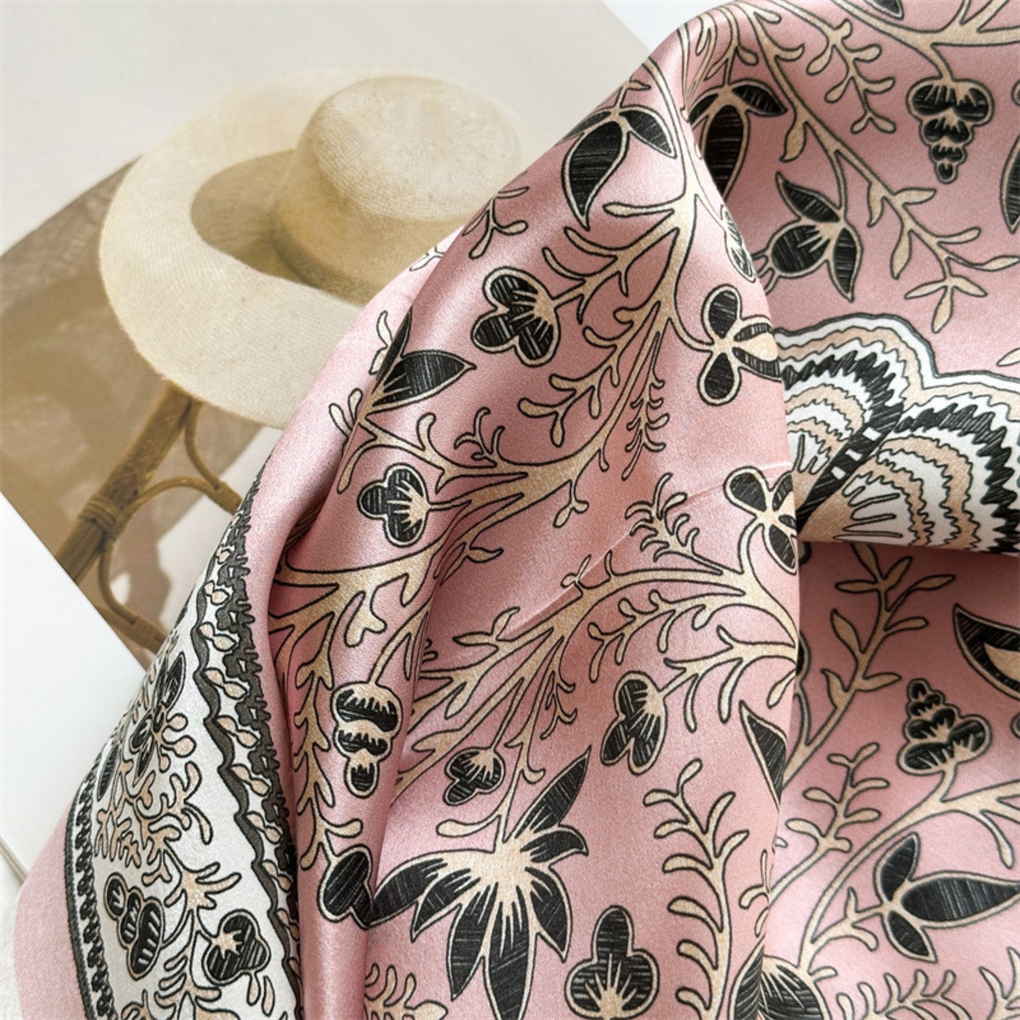 Classic Botanical Medallion Silk Scarf 90cm – Hand-Rolled Edge Square Scarf