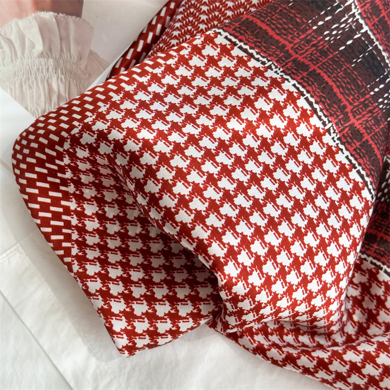 65cm Mulberry Silk Scarf – Plaid, Houndstooth &amp; Rose Print Double Crepe Square Shawl for Spring &amp; Summer
