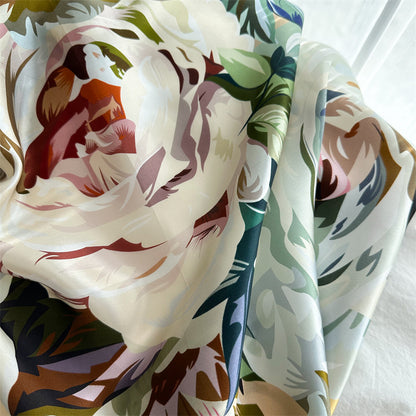 65cm Mulberry Silk Bold Rose Scarf – Double Crepe Square Shawl for Women, Elegant Floral Accessory