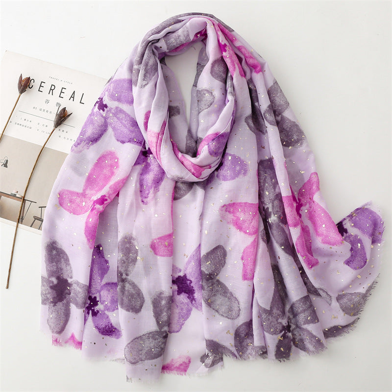 Autumn and winter cotton and linen feel scarf bronzing wing plum flower rough edge  scarf warm shawl women