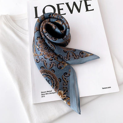 Vintage grauer und blauer Boho-Seidenschal/100 % Maulbeerseidenschal/Kleiner quadratischer Schal