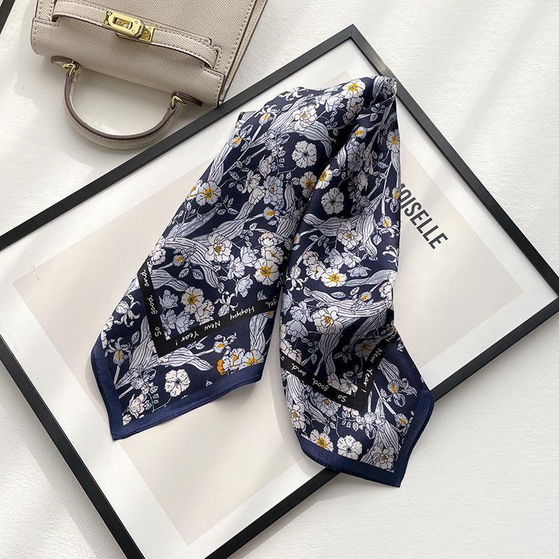 Navy Blue Chiffon Flower 100% mulberry Silk Scarf/Silk head scarf/Silk hair scarf/Silk neck scarf/Mother&
