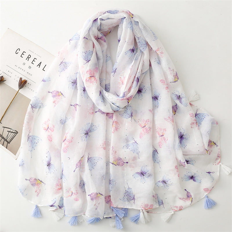 Summer and autumn new butterfly sequin printed cotton and linen scarf air conditioner sunscreen shawl scarf women