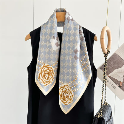 65cm Mulberry Silk Scarf – Digital 5 Grid Pattern Square Silk Shawl for Women, Elegant &amp; Versatile Accessory
