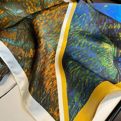 Zweifarbiger Patchwork-Ölgemälde-Schal aus 100 % Maulbeerseide/Kopftuch aus Seide/Haarschal aus Seide/Halstuch aus Seide/Muttertagsgeschenke/Taschenaccessoire/Geschenk für Sie