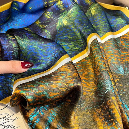 Zweifarbiger Patchwork-Ölgemälde-Schal aus 100 % Maulbeerseide/Kopftuch aus Seide/Haarschal aus Seide/Halstuch aus Seide/Muttertagsgeschenke/Taschenaccessoire/Geschenk für Sie