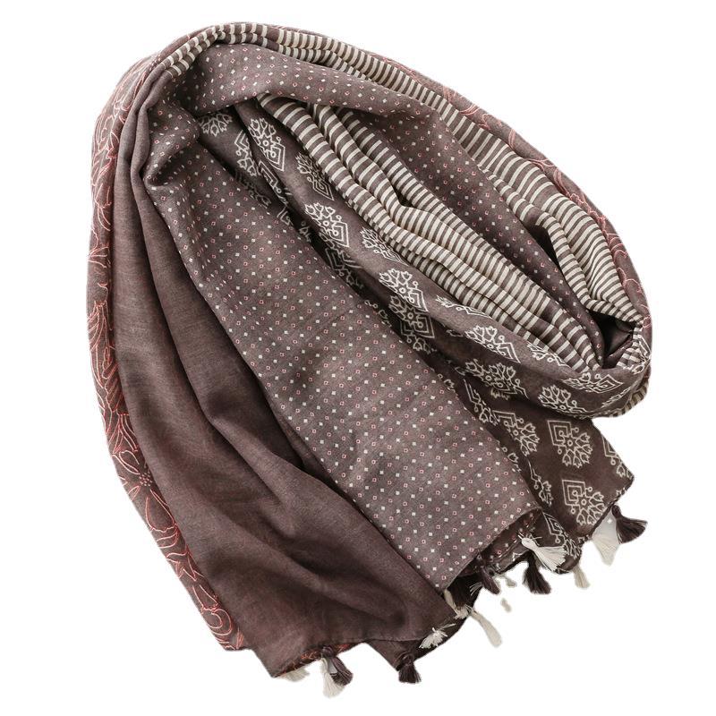 Exotic ethnic style wear accessories travel shawl cotton and linen feel Bali yarn scarf color matching geometric fringed  scarf