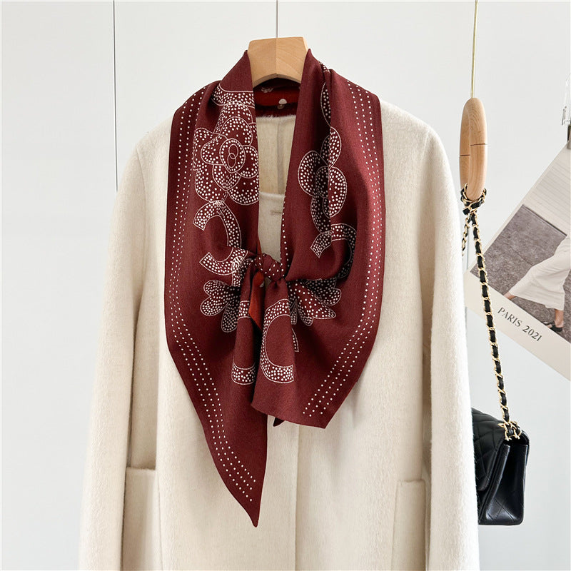 Dual-Color Silk Wool Scarf – Autumn Floral Long Ribbon Wrap