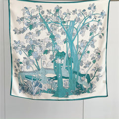26'' Light Blue Jungle-Inspired Mulberry Silk Scarf – Soft & Elegant Square Silk Shawl for Women, Nature-Inspired Accessory
