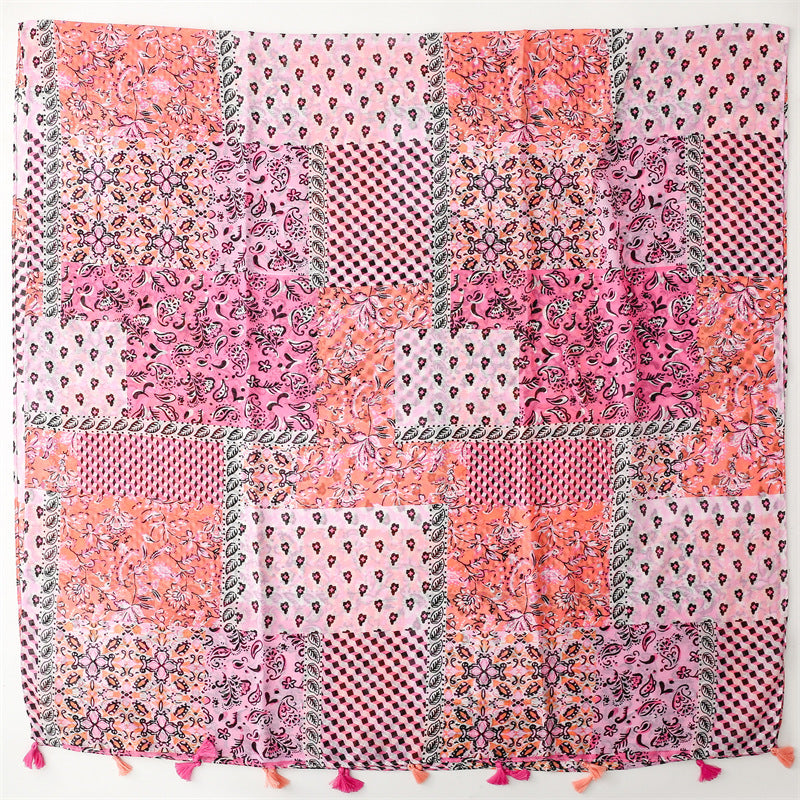 Vintage Wear Accessories Cotton and Linen Feel Bali Yarn Scarf Ethnic Style Pink Cashew Nut Flower Fringed  Scarf Shawl Women