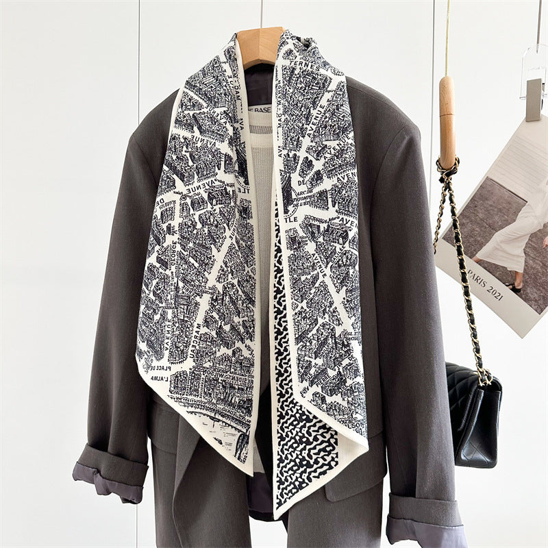 City Map Print Scarf – Luxury Mulberry Silk & Wool Long Ribbon Wrap