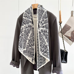 City Map Print Scarf – Luxury Mulberry Silk & Wool Long Ribbon Wrap