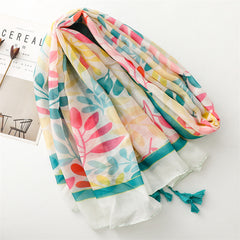 Pink flower  scarf women's spring outing long shawl seaside beach towel thin cotton and linen feel scarf yarn