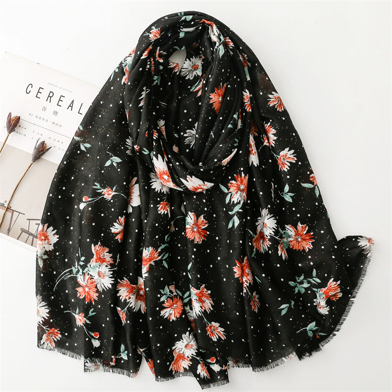 Autumn and winter cotton and linen feel scarf bronzing polka dots small flower burr edge scarf warm shawl women
