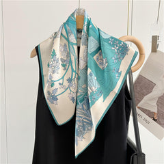 26'' Light Blue Jungle-Inspired Mulberry Silk Scarf – Soft & Elegant Square Silk Shawl for Women, Nature-Inspired Accessory