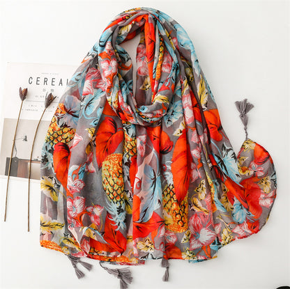 Summer Color Fruit Pineapple Leaves Bright Scarf Travel Sunscreen  Scarf Accessories Wear Thin Shawl Ladies