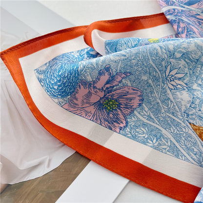 65cm Mulberry Silk Whimsical Garden Scarf Double Crepe Spring Summer Square Shawl