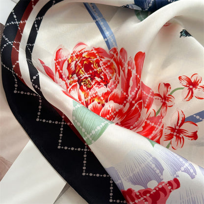 65cm Mulberry Silk Floral Peony Scarf – Double Crepe Square Shawl for Spring &amp; Summer