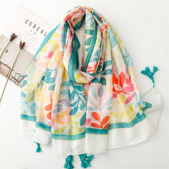 Pink flower  scarf women's spring outing long shawl seaside beach towel thin cotton and linen feel scarf yarn