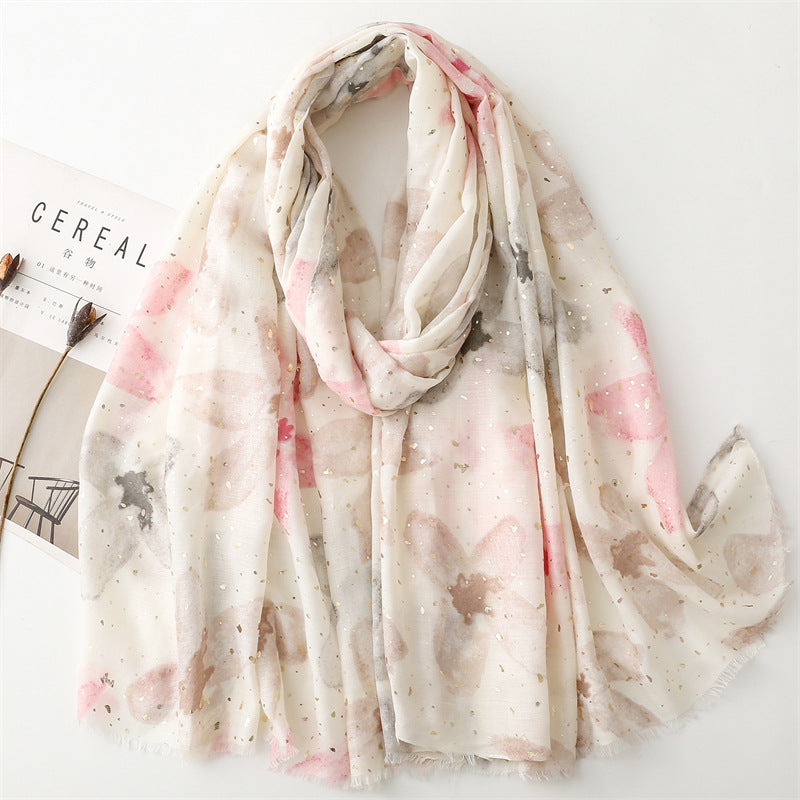 Autumn and winter cotton and linen feel scarf bronzing wing plum flower rough edge  scarf warm shawl women
