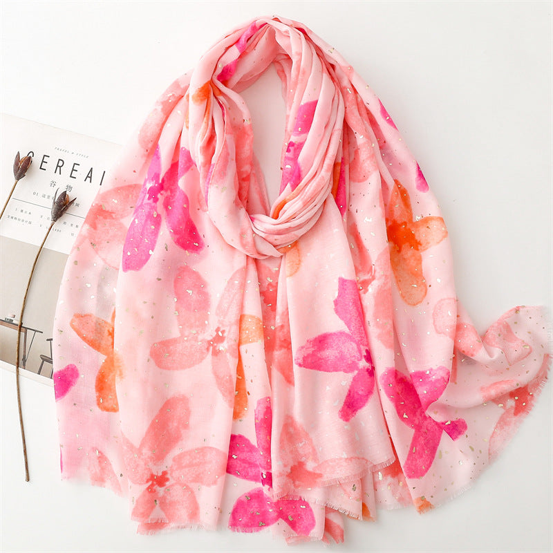 Autumn and winter cotton and linen feel scarf bronzing wing plum flower rough edge scarf warm shawl women