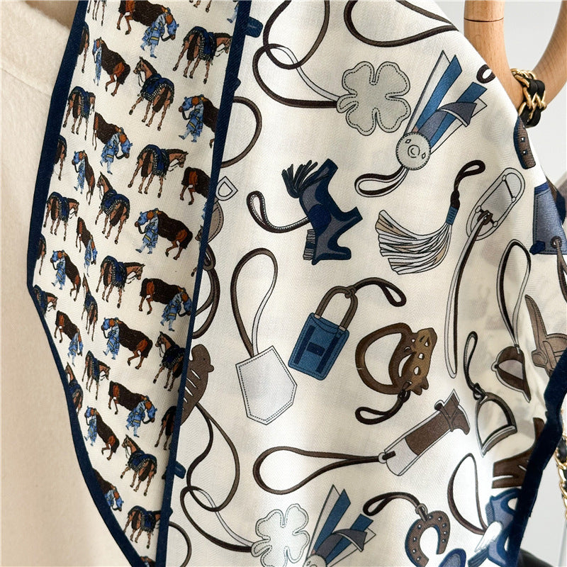 Lightweight Silk Wool Blend Scarf – Horse Pattern, Soft &amp; Versatile