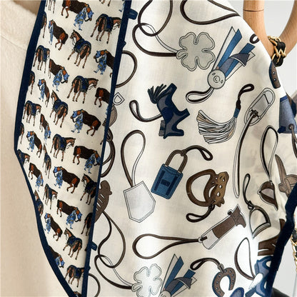 Lightweight Silk Wool Blend Scarf – Horse Pattern, Soft &amp; Versatile