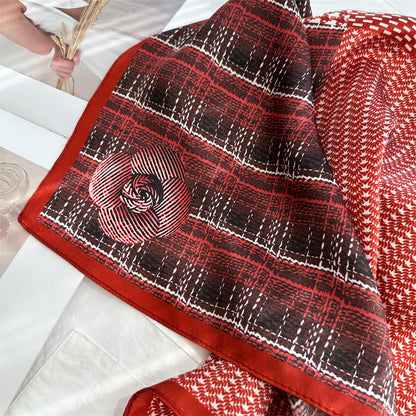 65cm Mulberry Silk Scarf – Plaid, Houndstooth &amp; Rose Print Double Crepe Square Shawl for Spring &amp; Summer
