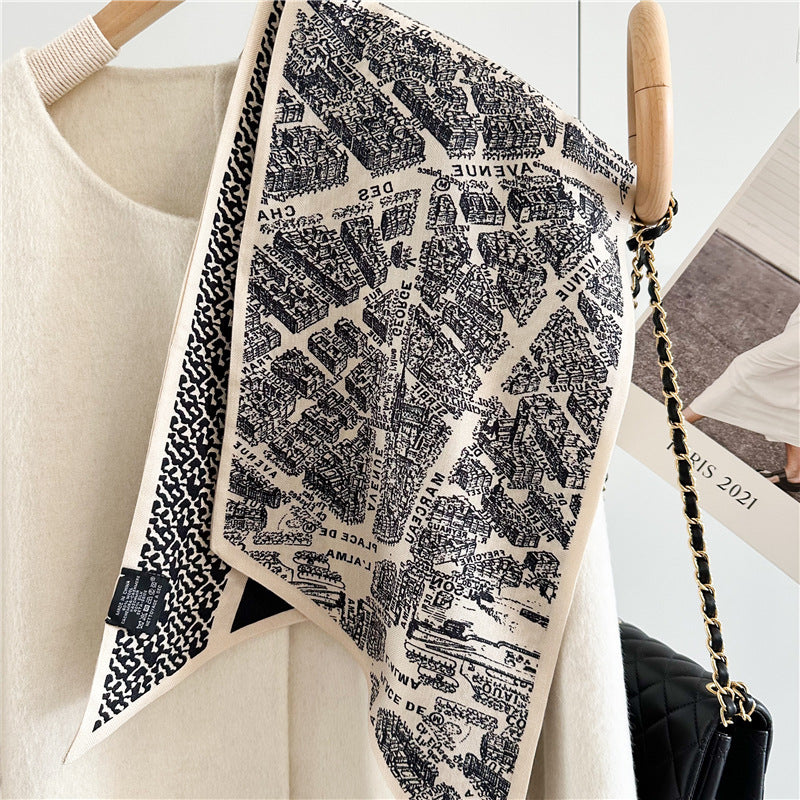 City Map Print Scarf – Luxury Mulberry Silk &amp; Wool Long Ribbon Wrap