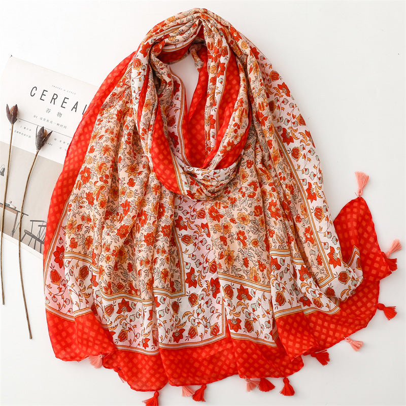 Spring and summer new cotton and linen feel scarf celebrity style hibiscus flower fringed scarf warm shawl