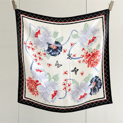 65cm Mulberry Silk Floral Peony Scarf – Double Crepe Square Shawl for Spring & Summer