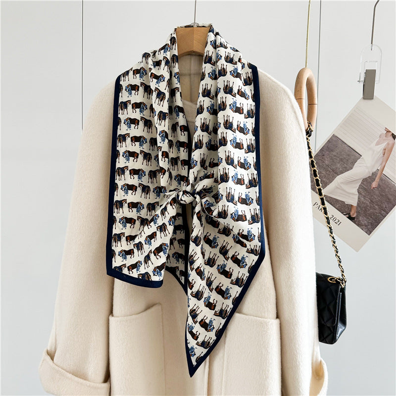 Lightweight Silk Wool Blend Scarf – Horse Pattern, Soft &amp; Versatile