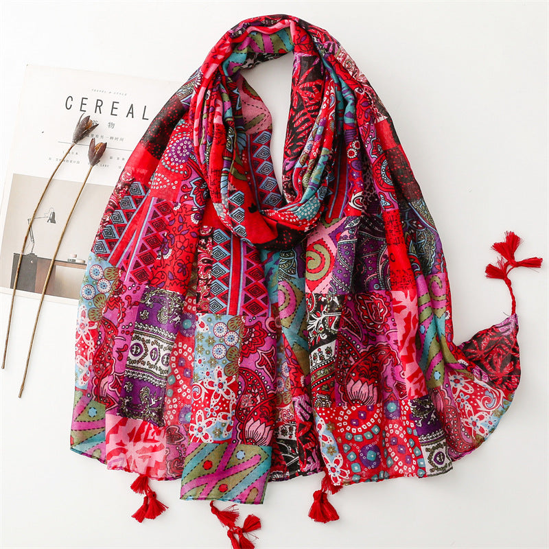 Vintage Wear Accessories Cotton and Linen Feel Bali Yarn Scarf Ethnic Style Red Bohemian Tassel  Shawl