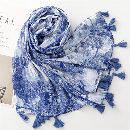 Scarf travel sunscreen  scarf Hanfu accessories photo retro ethnic style blue blue and white porcelain bronzing shawl